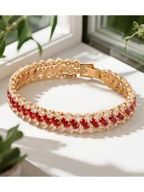 Bracelet with Brilliant Ruby Red & White Cubic Zirconia Stones Geometric Design